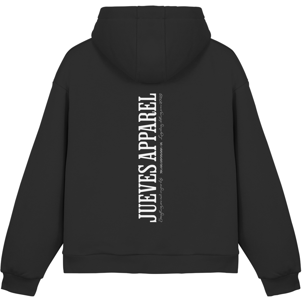 Fluffy Boxcut Hoodie „All you need“ in Black von Jueves Apparel aus 70% Baumwolle und 30% Polyester – auffälliger Rückendruck als Schrfitzug, moderner Urban Streetwear-Look.