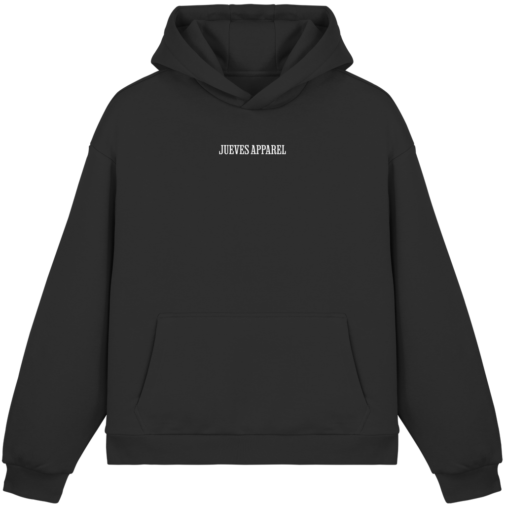 Fluffy Boxcut Hoodie „All you need“ in Black von Jueves Apparel aus 70% Baumwolle und 30% Polyester – auffälliger Brustdruck als Schrfitzug, moderner Urban Streetwear-Look.