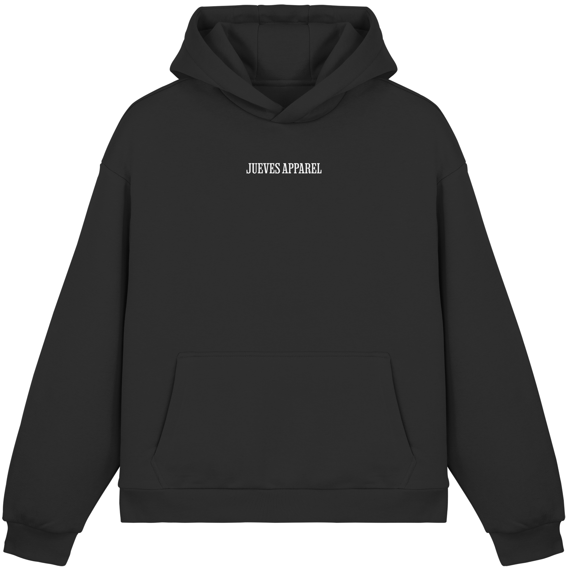 Fluffy Boxcut Hoodie „All you need“ in Black von Jueves Apparel aus 70% Baumwolle und 30% Polyester – auffälliger Brustdruck als Schrfitzug, moderner Urban Streetwear-Look.