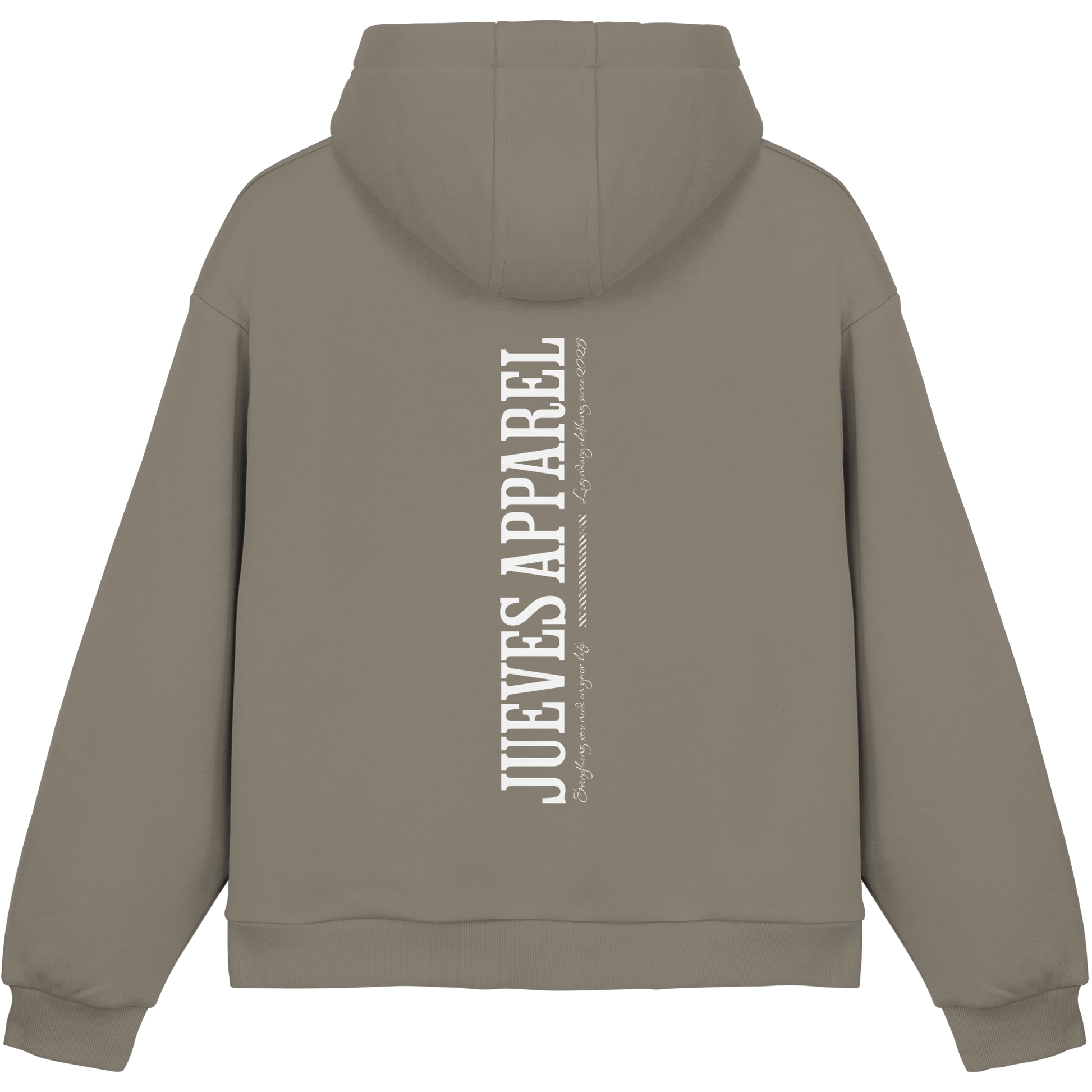 Fluffy Boxcut Hoodie „All you need“ in Pale Olive von Jueves Apparel aus 70% Baumwolle und 30% Polyester – auffälliger Rückendruck als Schrfitzug, moderner Urban Streetwear-Look.