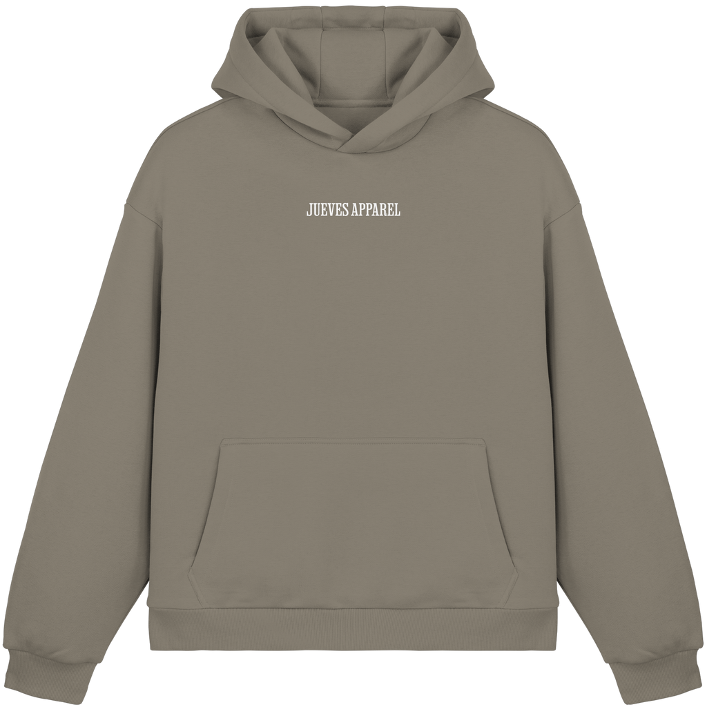 Fluffy Boxcut Hoodie „All you need“ in Pale Olive von Jueves Apparel aus 70% Baumwolle und 30% Polyester – auffälliger Brustdruck als Schrfitzug, moderner Urban Streetwear-Look.