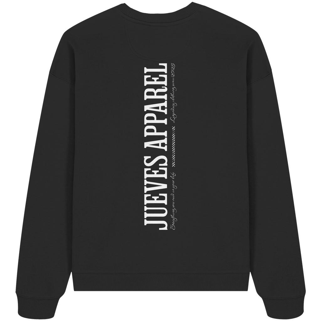 Oversized Sweatshirt „All you need“ in Black von Jueves Apparel aus 100% Baumwolle – auffälliger Rückendruck Schriftzug, moderner Urban Streetwear-Look.