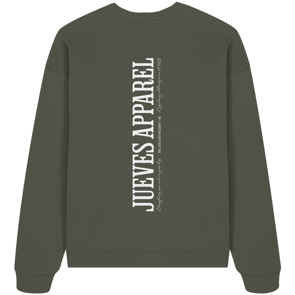 Oversized Sweatshirt „All you need“ in Khaki von Jueves Apparel aus 100% Baumwolle – auffälliger Rückendruck Schriftzug, moderner Urban Streetwear-Look.