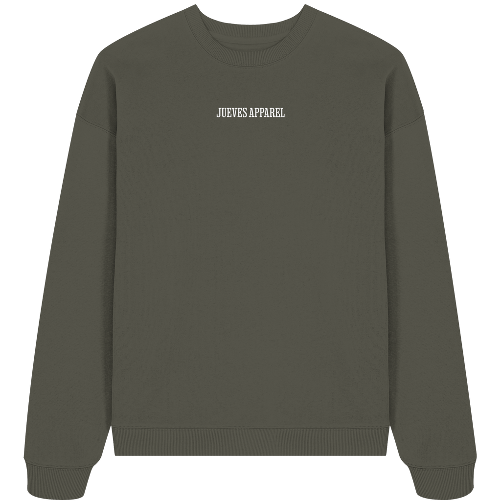 Oversized Sweatshirt „All you need“ in Khaki von Jueves Apparel aus 100% Baumwolle – auffälliger Brustdruck Schriftzug, moderner Urban Streetwear-Look.