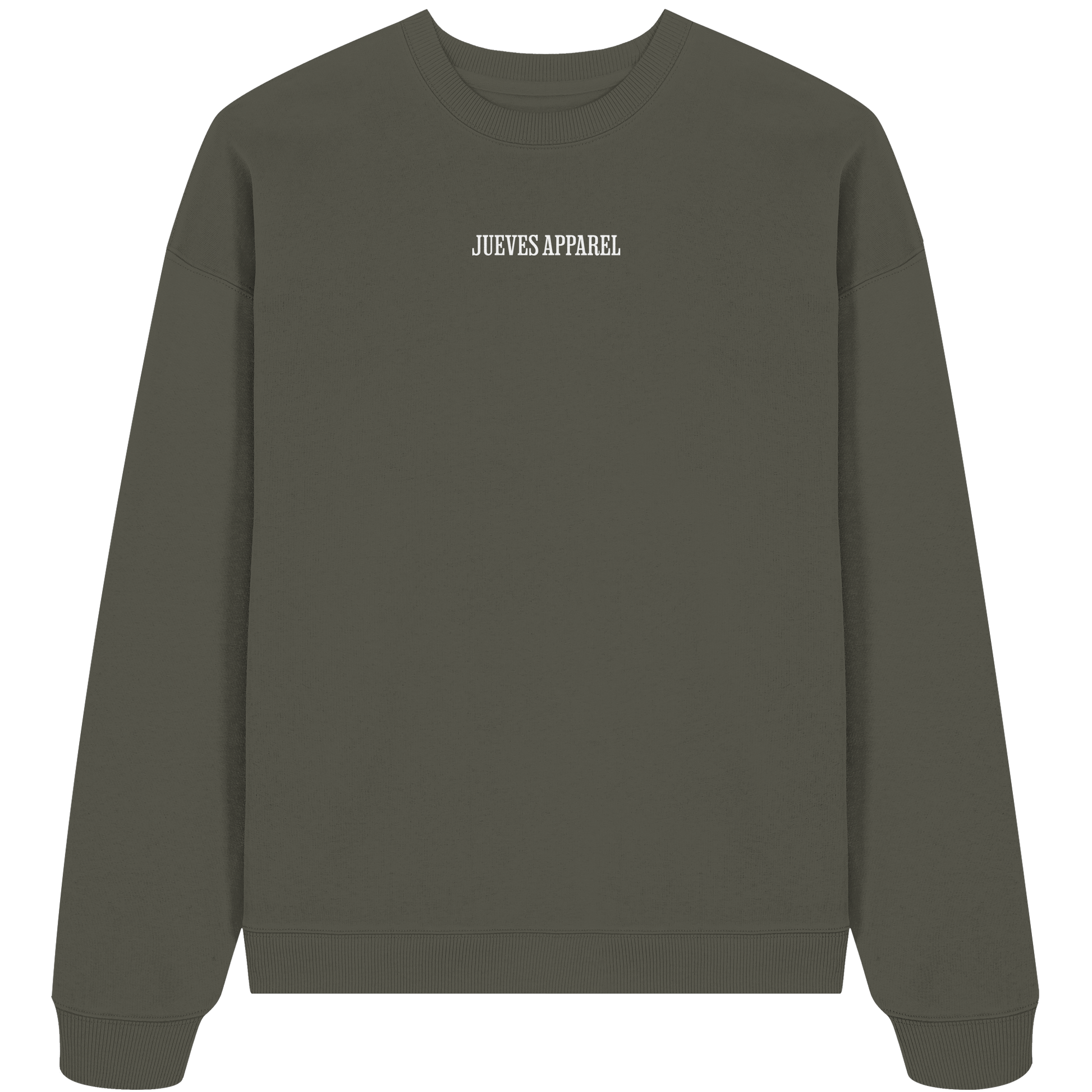 Oversized Sweatshirt „All you need“ in Khaki von Jueves Apparel aus 100% Baumwolle – auffälliger Brustdruck Schriftzug, moderner Urban Streetwear-Look.