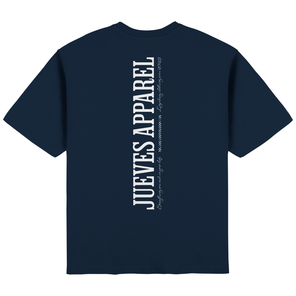 Streetwear Oversized T-Shirt „All you need“ in Navy von Jueves Apparel aus 100 % Baumwolle – auffälliger Rückendruck als Schriftzug, moderner Urban Streetstyle-Look.