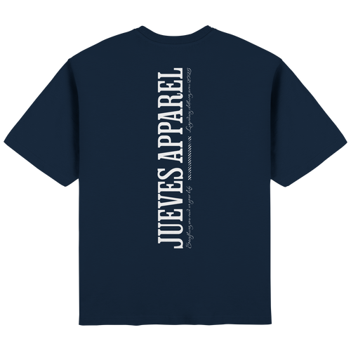 Streetwear Oversized T-Shirt „All you need“ in Navy von Jueves Apparel aus 100 % Baumwolle – auffälliger Rückendruck als Schriftzug, moderner Urban Streetstyle-Look.