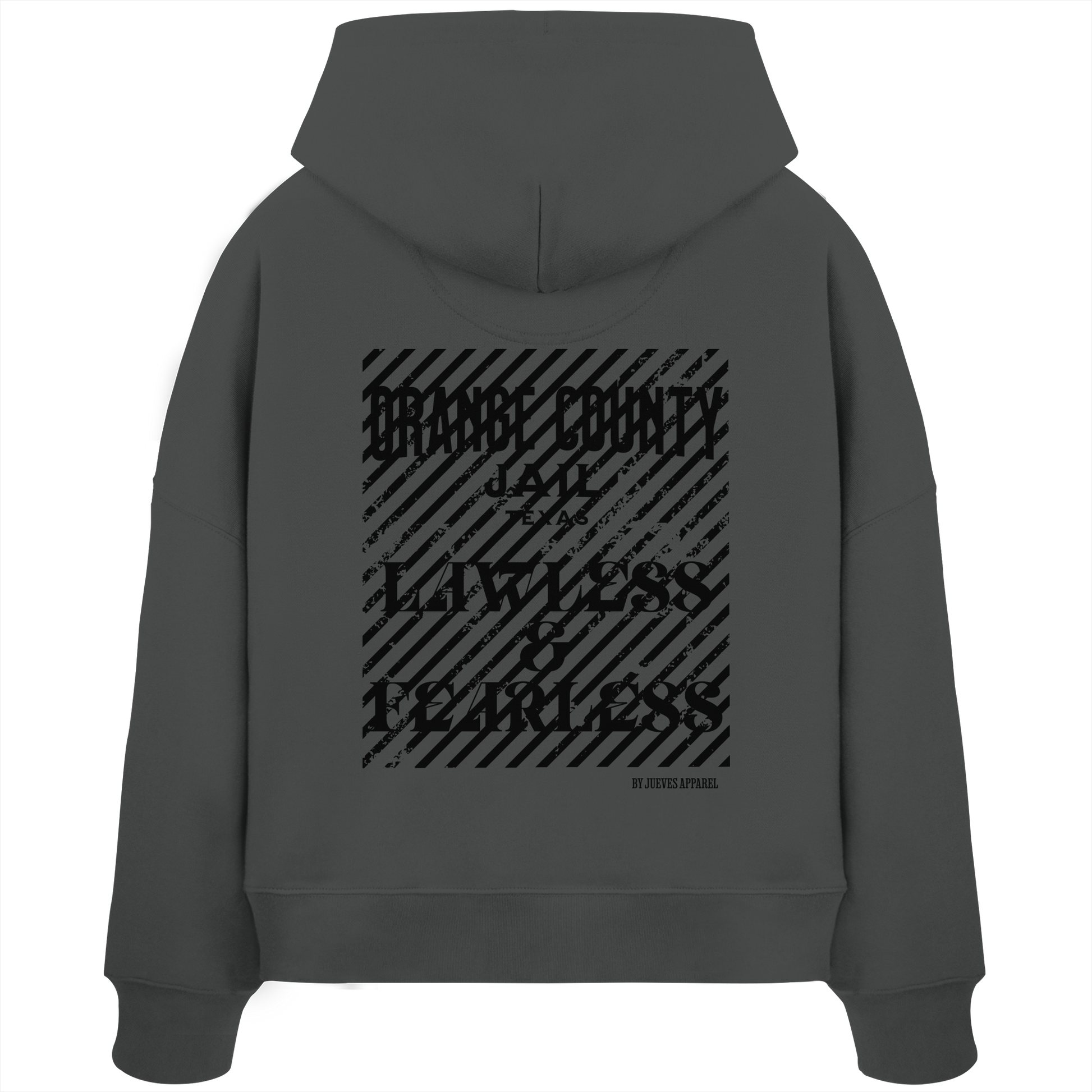Rückansicht eines anthraziten Oversized Boxcut Hoodies von Jueves Apparel aus 100 % Baumwolle, 300 g/m² – markanter Rückendruck und urbaner Streetwear-Look mit modernem Schnitt.