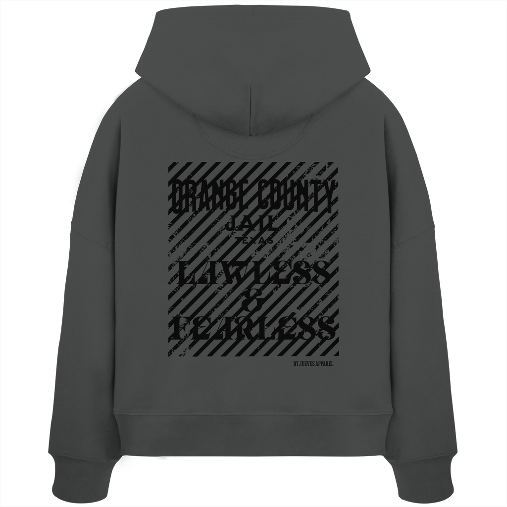 Rückansicht eines anthraziten Oversized Boxcut Hoodies von Jueves Apparel aus 100 % Baumwolle, 300 g/m² – markanter Rückendruck und urbaner Streetwear-Look mit modernem Schnitt. 