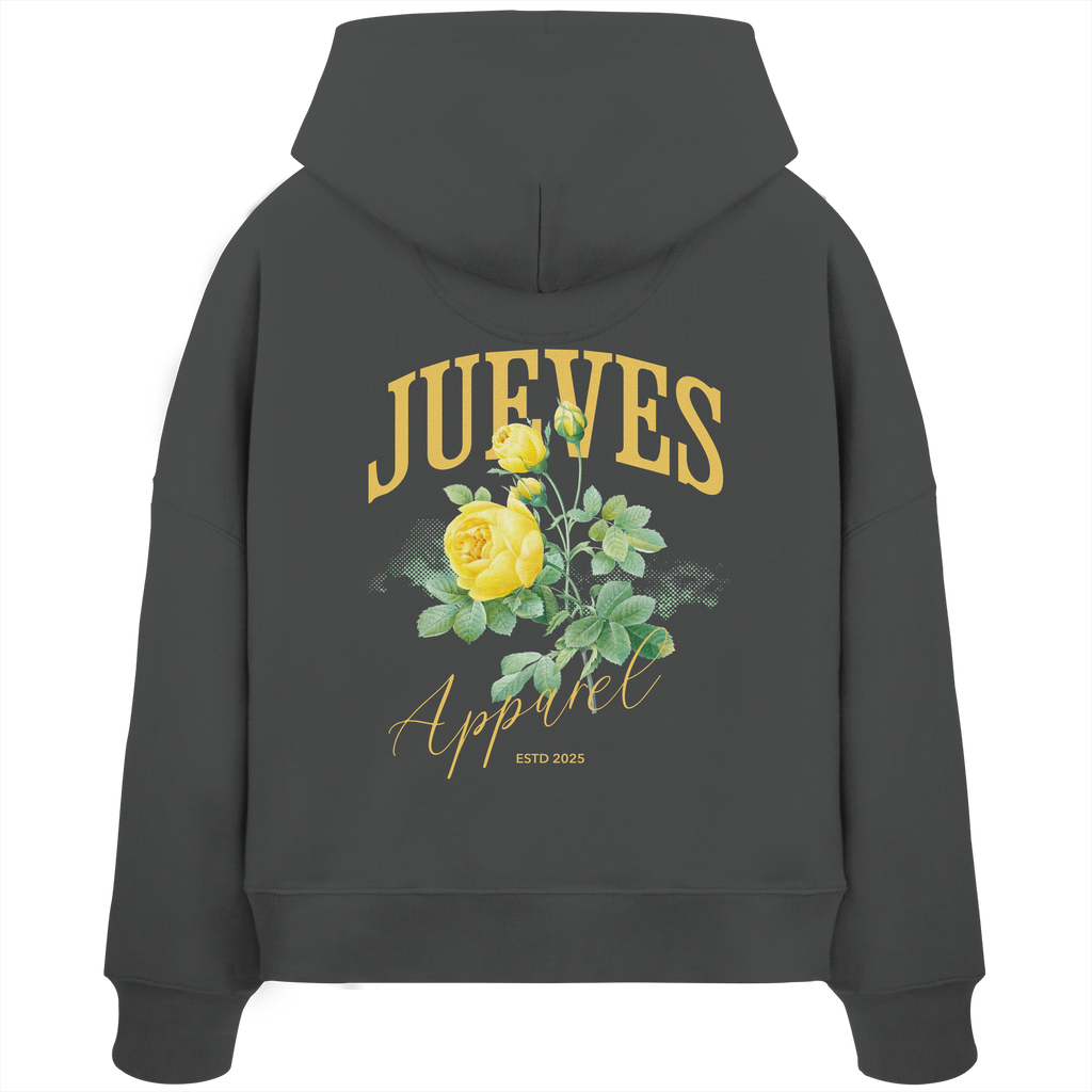 Rückansicht eines anthraziten Oversized Boxcut Hoodies von Jueves Apparel aus 100 % Baumwolle, 300 g/m² – markanter Rückendruck und urbaner Streetwear-Look mit modernem Schnitt. 