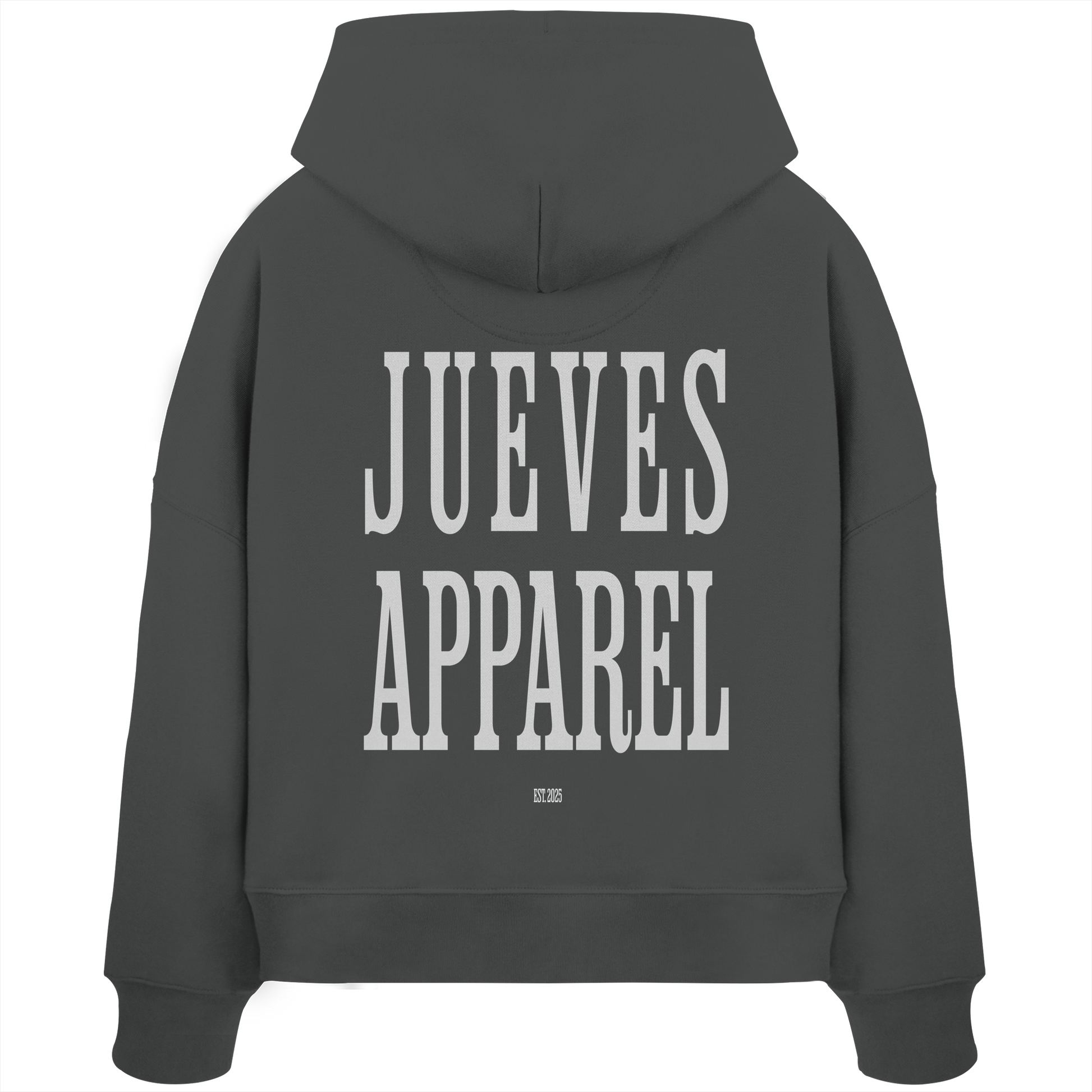 Rückansicht eines anthraziten Oversized Boxcut Hoodies von Jueves Apparel aus 100 % Baumwolle, 300 g/m² – markanter Rückendruck und urbaner Streetwear-Look mit modernem Schnitt.