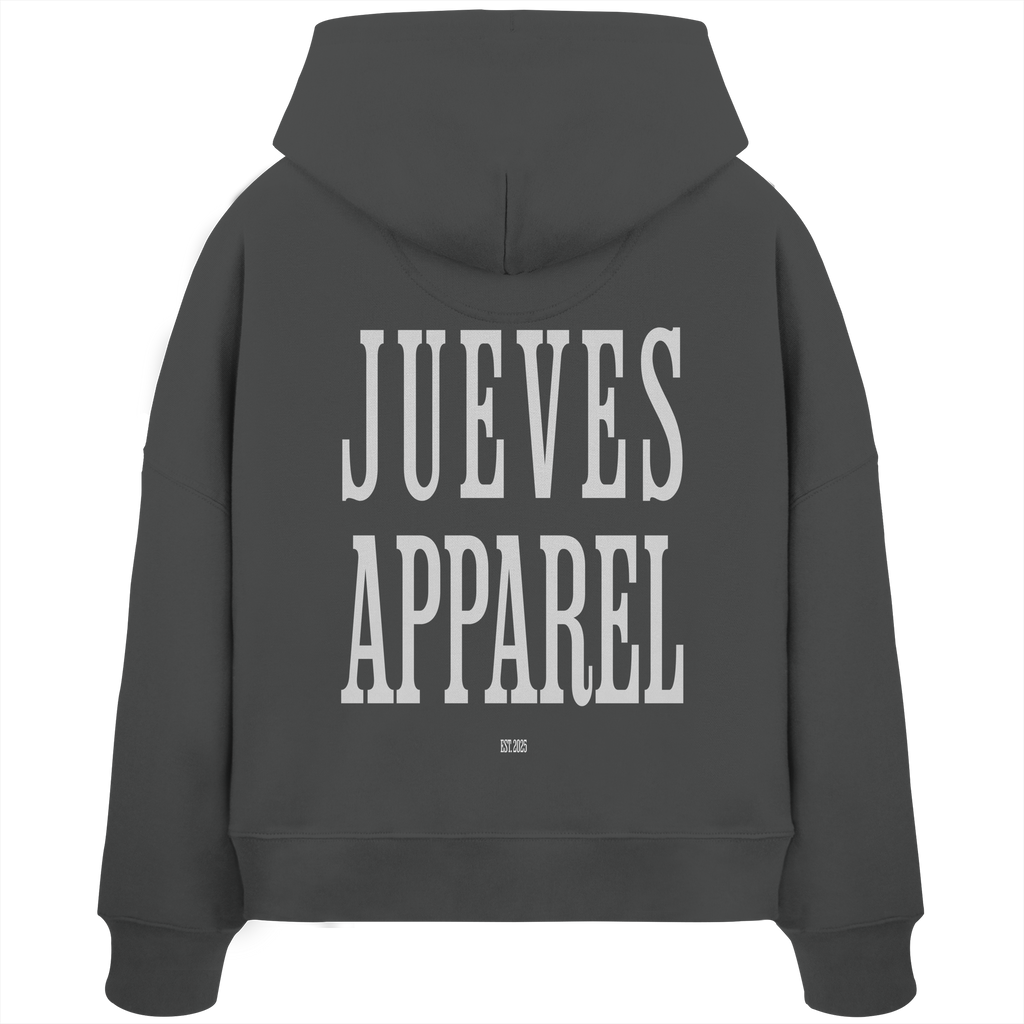 Rückansicht eines anthraziten Oversized Boxcut Hoodies von Jueves Apparel aus 100 % Baumwolle, 300 g/m² – markanter Rückendruck und urbaner Streetwear-Look mit modernem Schnitt. 