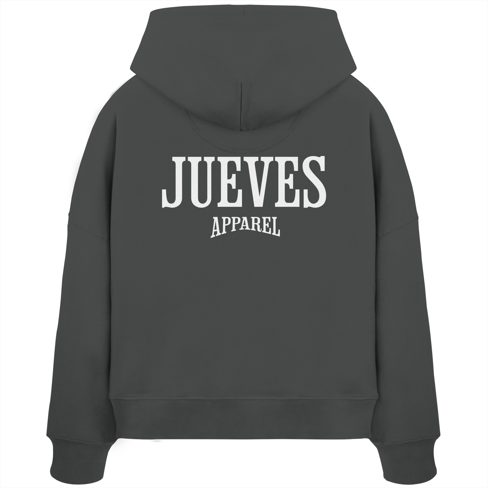 Rückansicht eines anthraziten Oversized Boxcut Hoodies von Jueves Apparel aus 100 % Baumwolle, 300 g/m² – markanter Rückendruck und urbaner Streetwear-Look mit modernem Schnitt.