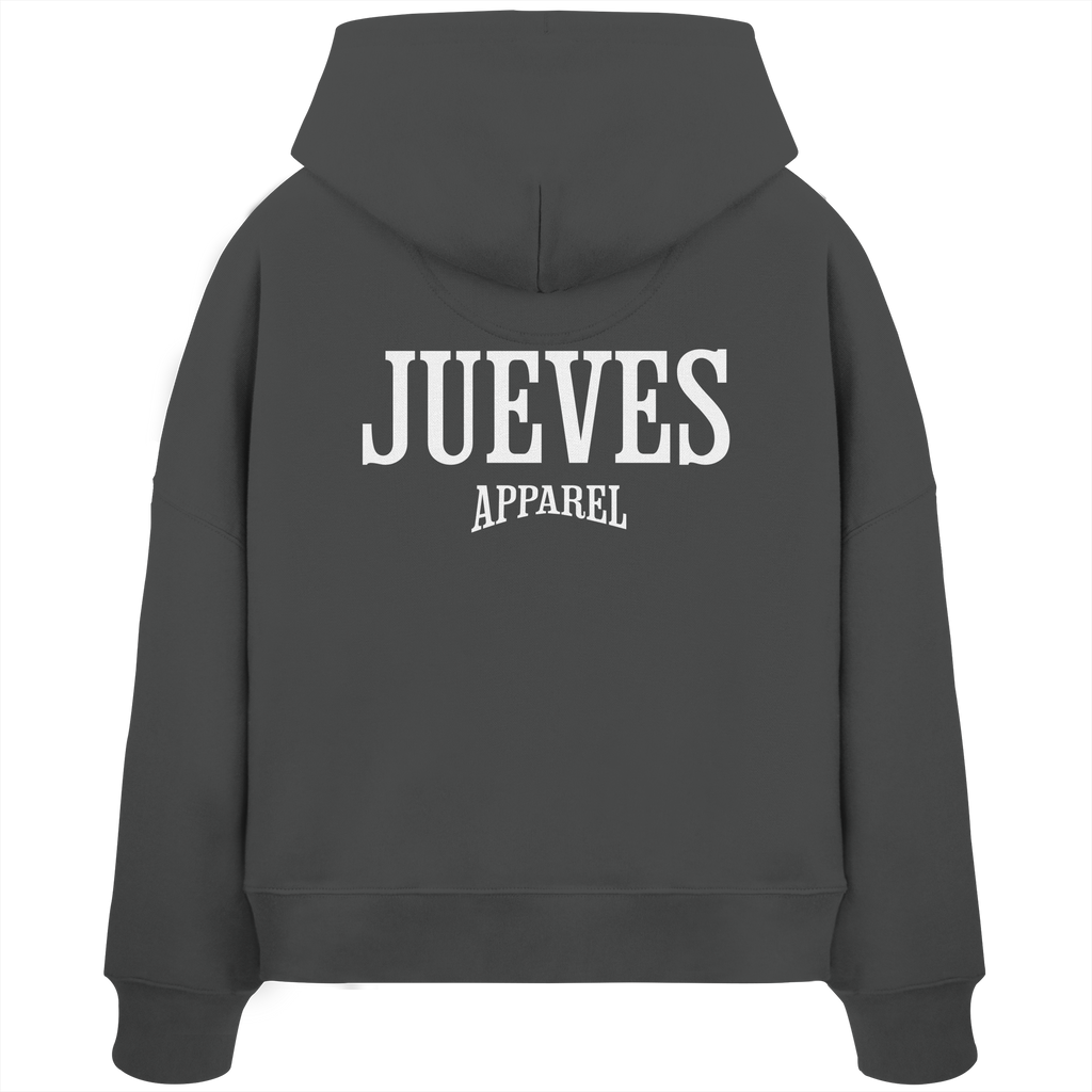 Rückansicht eines anthraziten Oversized Boxcut Hoodies von Jueves Apparel aus 100 % Baumwolle, 300 g/m² – markanter Rückendruck und urbaner Streetwear-Look mit modernem Schnitt. 