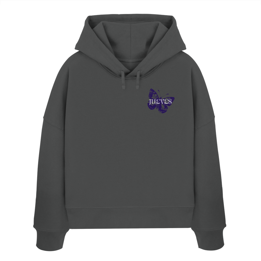 Frontansicht des anthraziten Damen oversized Boxcut Hoodies von Jueves Apparel mit oversized Schnitt, Druck auf der Brust– Streetwear aus 100 % Bio-Baumwolle, 300 g/m² Stoffgewicht. 