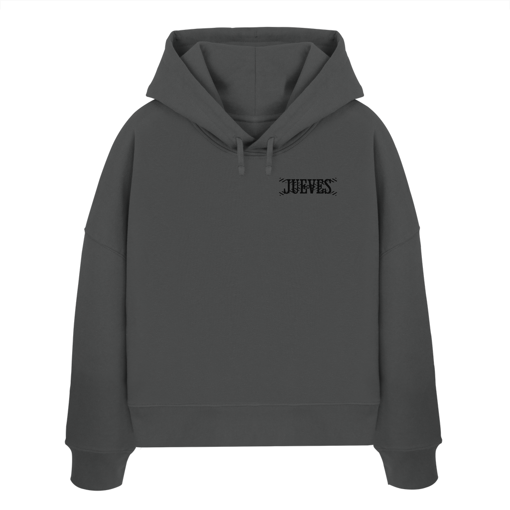 Frontansicht des anthraziten Damen oversized Boxcut Hoodies von Jueves Apparel mit oversized Schnitt, Druck auf der Brust– Streetwear aus 100 % Bio-Baumwolle, 300 g/m² Stoffgewicht. 