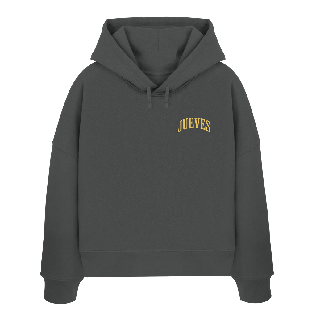 Frontansicht des anthraziten Damen oversized Boxcut Hoodies von Jueves Apparel mit oversized Schnitt, Druck auf der Brust– Streetwear aus 100 % Bio-Baumwolle, 300 g/m² Stoffgewicht. 