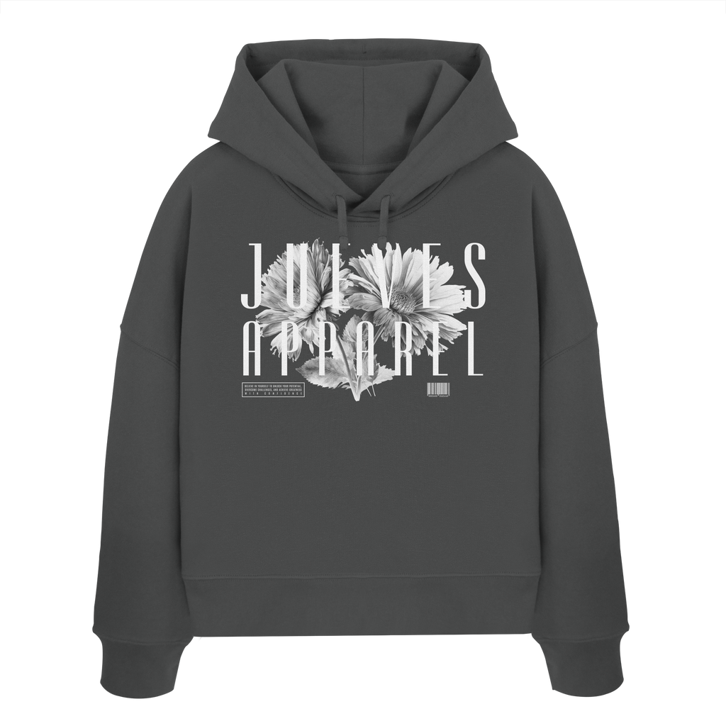 Frontansicht des anthraziten Damen oversized Boxcut Hoodies von Jueves Apparel mit oversized Schnitt, Druck auf der Brust– Streetwear aus 100 % Bio-Baumwolle, 300 g/m² Stoffgewicht. 