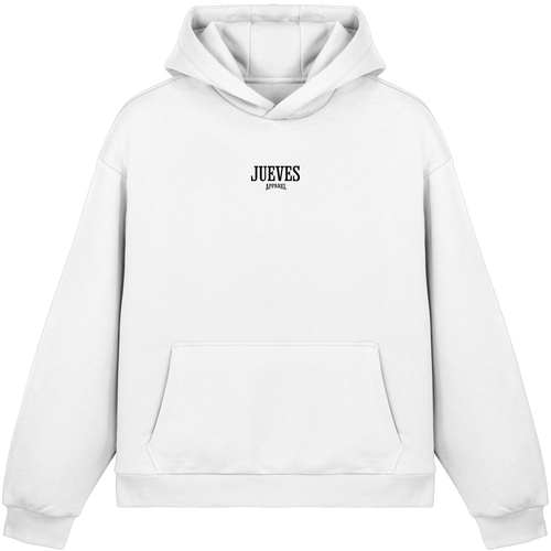 Fluffy Boxcut Hoodie „Basic Black“ in White von Jueves Apparel aus 70% Baumwolle und 30% Polyester – auffälliger Brustdruck als Schriftzug, moderner Urban Streetwear-Look.
