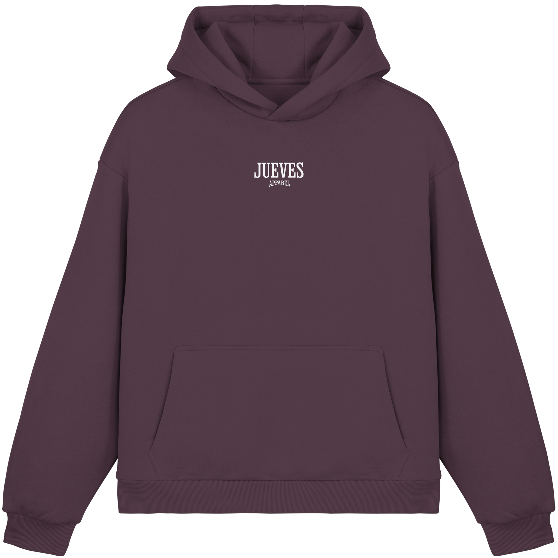 Fluffy Boxcut Hoodie „Basic White“ in Plum Purple von Jueves Apparel aus 70% Baumwolle und 30% Polyester – auffälliger Brustdruck als Schriftzug, moderner Urban Streetwear-Look.