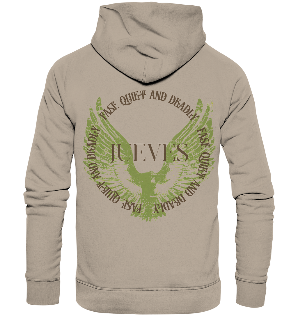 beiger Jueves Apparel Classic Hoodie mit markantem Rückendruck – urbaner Streetwear-Style aus Bio-Baumwolle