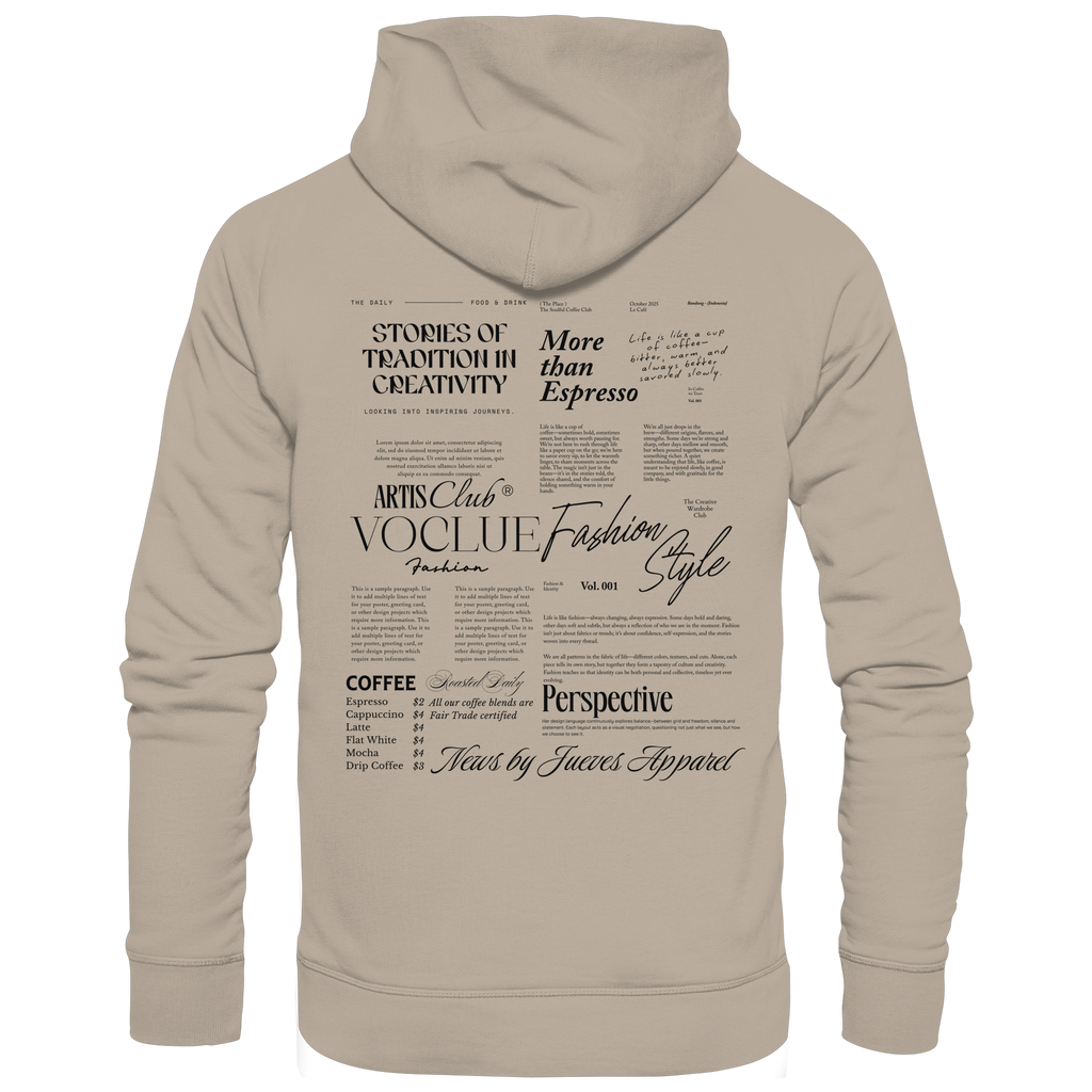 beiger Jueves Apparel Classic Hoodie mit markantem Rückendruck – urbaner Streetwear-Style aus Bio-Baumwolle