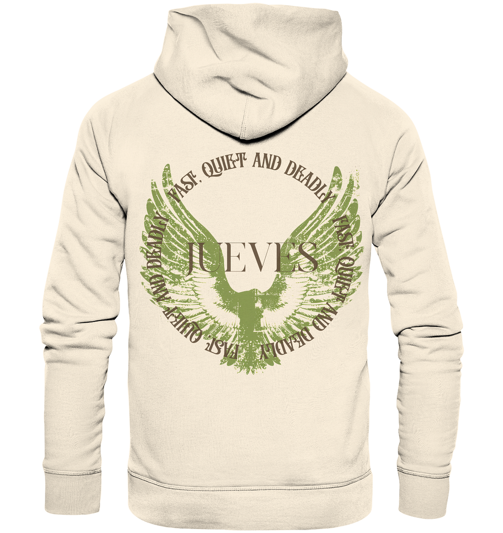 beiger Jueves Apparel Classic Hoodie mit markantem Rückendruck – urbaner Streetwear-Style aus Bio-Baumwolle
