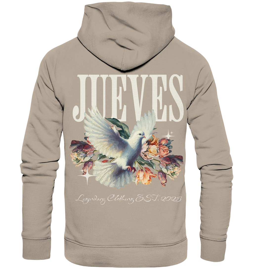 beiger Jueves Apparel Classic Hoodie mit markantem Rückendruck – urbaner Streetwear-Style aus Bio-Baumwolle