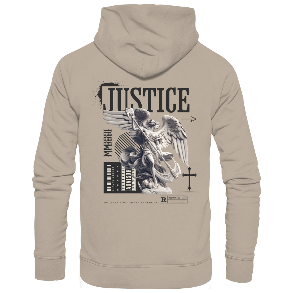 beiger Jueves Apparel Classic Hoodie mit markantem Rückendruck – urbaner Streetwear-Style aus Bio-Baumwolle