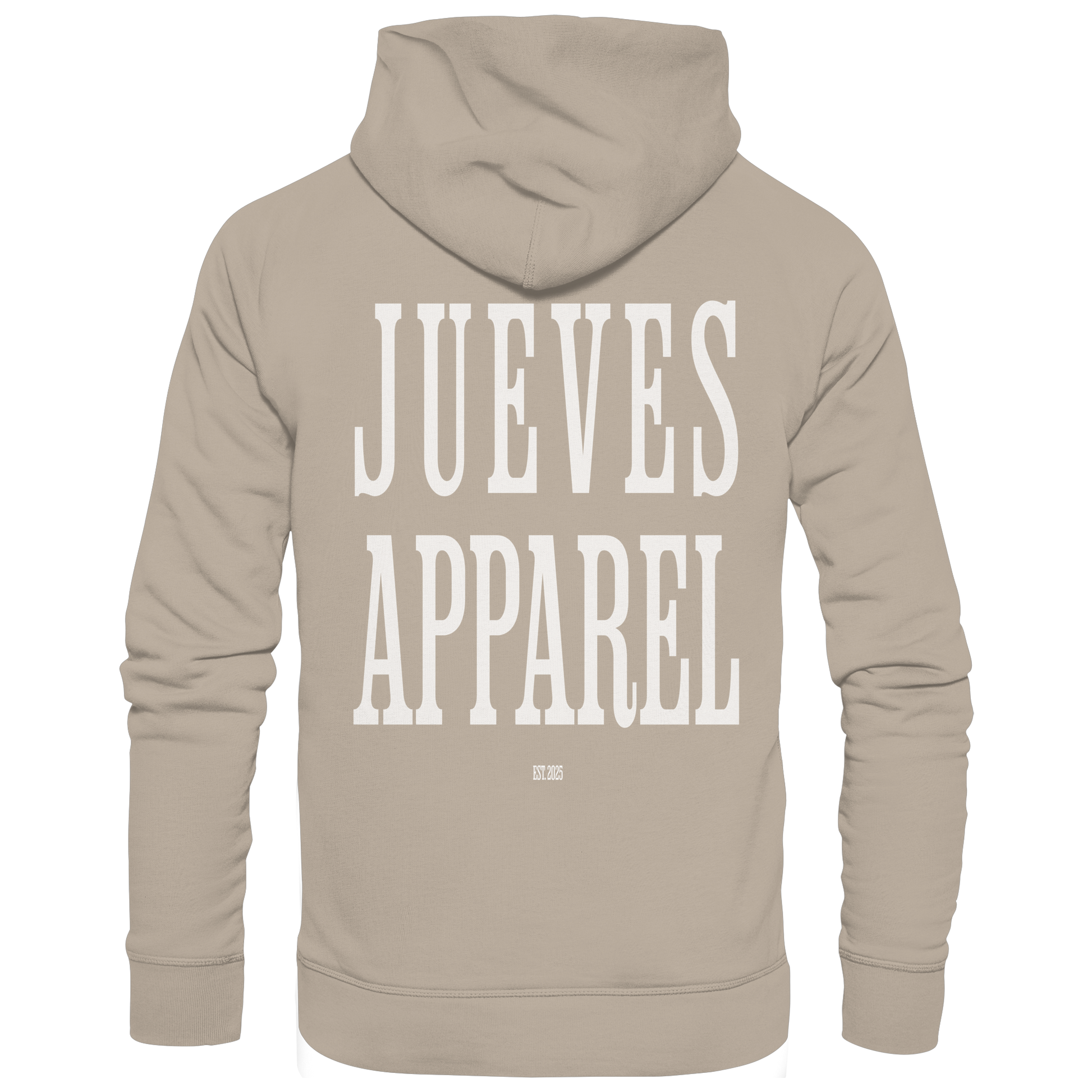 Jueves Apparel Classic Hoodie in beige mit markantem Rückendruck – urbaner Streetwear-Style aus Bio-Baumwolle
