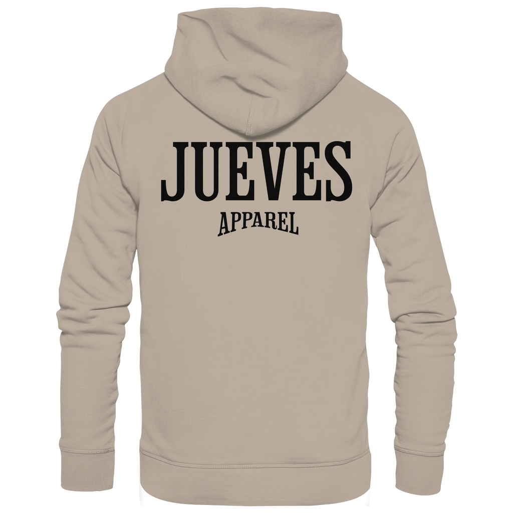 beiger Jueves Apparel Classic Hoodie mit markantem Rückendruck – urbaner Streetwear-Style aus Bio-Baumwolle