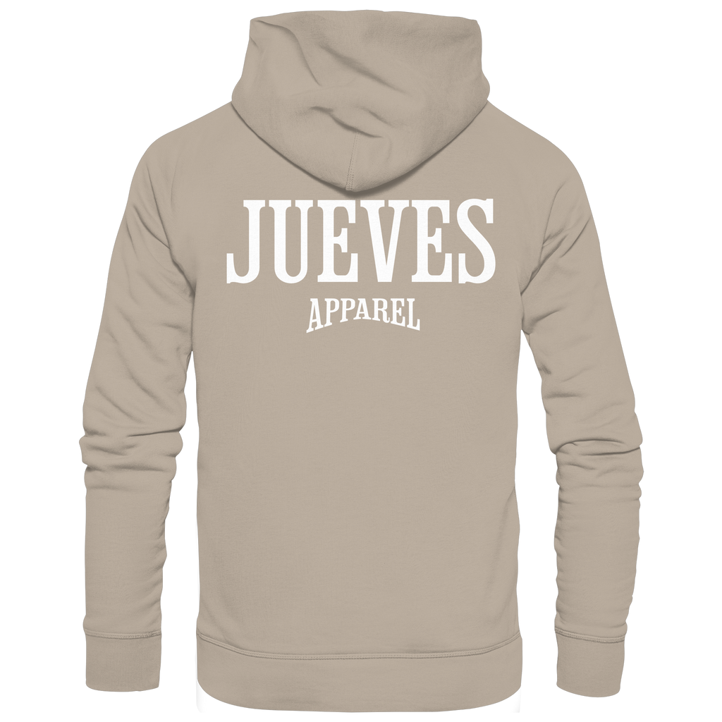 beiger Jueves Apparel Classic Hoodie mit markantem Rückendruck – urbaner Streetwear-Style aus Bio-Baumwolle