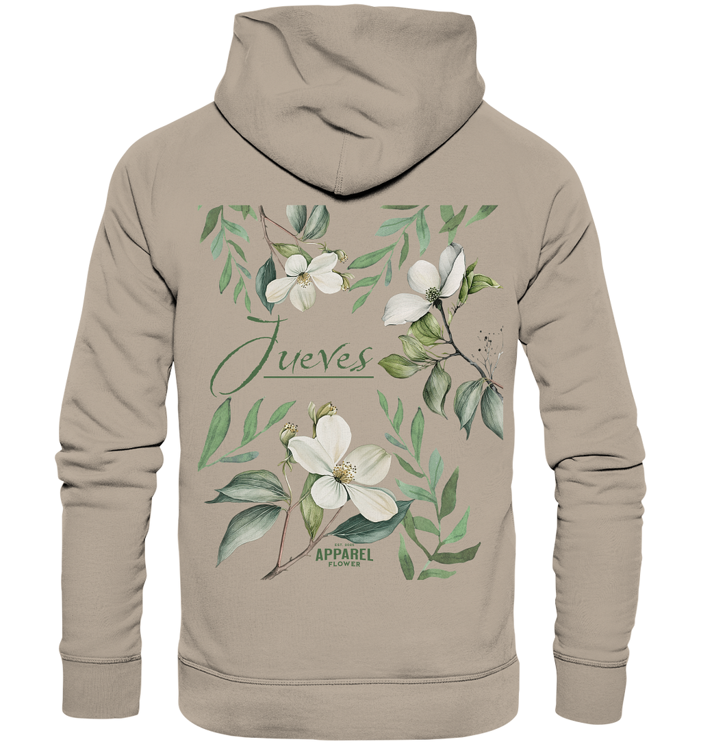 beiger Jueves Apparel Classic Hoodie mit markantem Rückendruck – urbaner Streetwear-Style aus Bio-Baumwolle