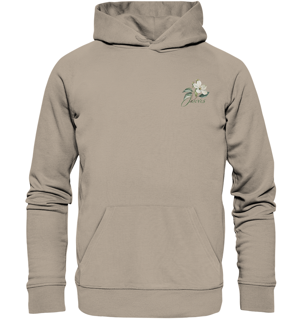 beiger Classic Hoodie von Jueves Apparel mit kleinem Brustdruck im klassischen Schnitt – nachhaltiger Streetwear-Look aus 100 % Bio-Baumwolle