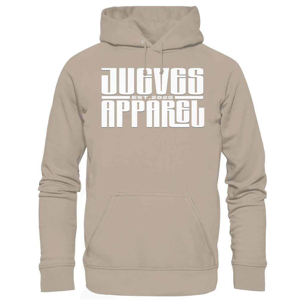 beiger Classic Hoodie von Jueves Apparel mit  Brustdruck im klassischen Schnitt – nachhaltiger Streetwear-Look aus 100 % Bio-Baumwolle