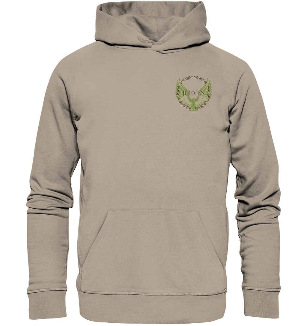 beiger Classic Hoodie von Jueves Apparel mit kleinem Brustdruck im klassischen Schnitt – nachhaltiger Streetwear-Look aus 100 % Bio-Baumwolle