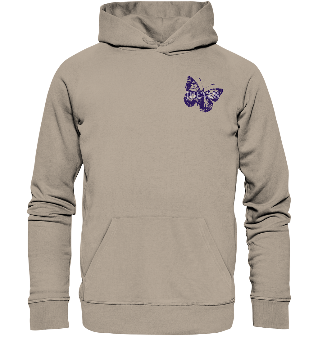 beiger Classic Hoodie von Jueves Apparel mit kleinem Brustdruck im klassischen Schnitt – nachhaltiger Streetwear-Look aus 100 % Bio-Baumwolle
