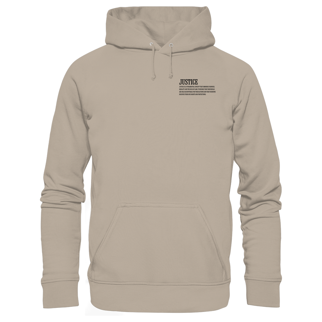 beiger Classic Hoodie von Jueves Apparel mit kleinem Brustdruck im klassischen Schnitt – nachhaltiger Streetwear-Look aus 100 % Bio-Baumwolle