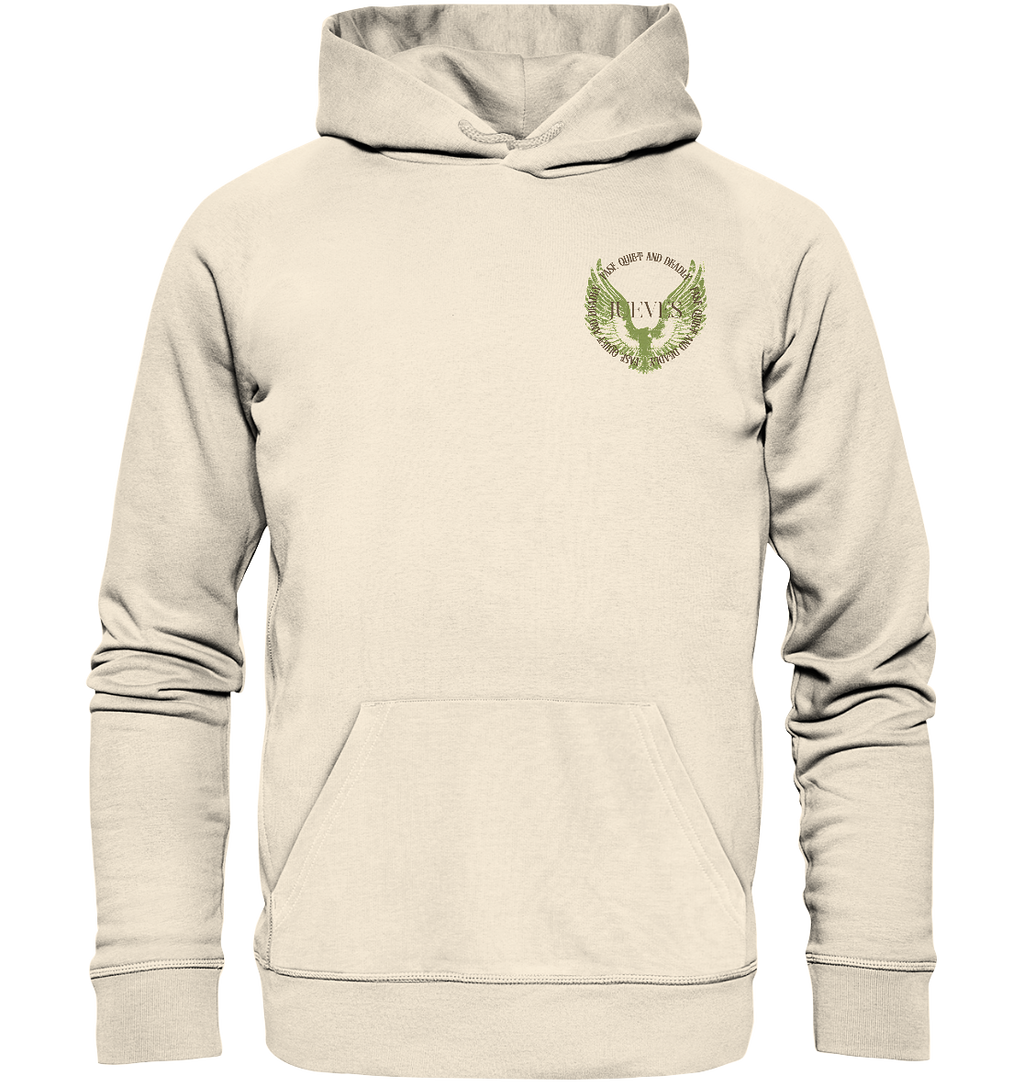 beiger Classic Hoodie von Jueves Apparel mit kleinem Brustdruck im klassischen Schnitt – nachhaltiger Streetwear-Look aus 100 % Bio-Baumwolle