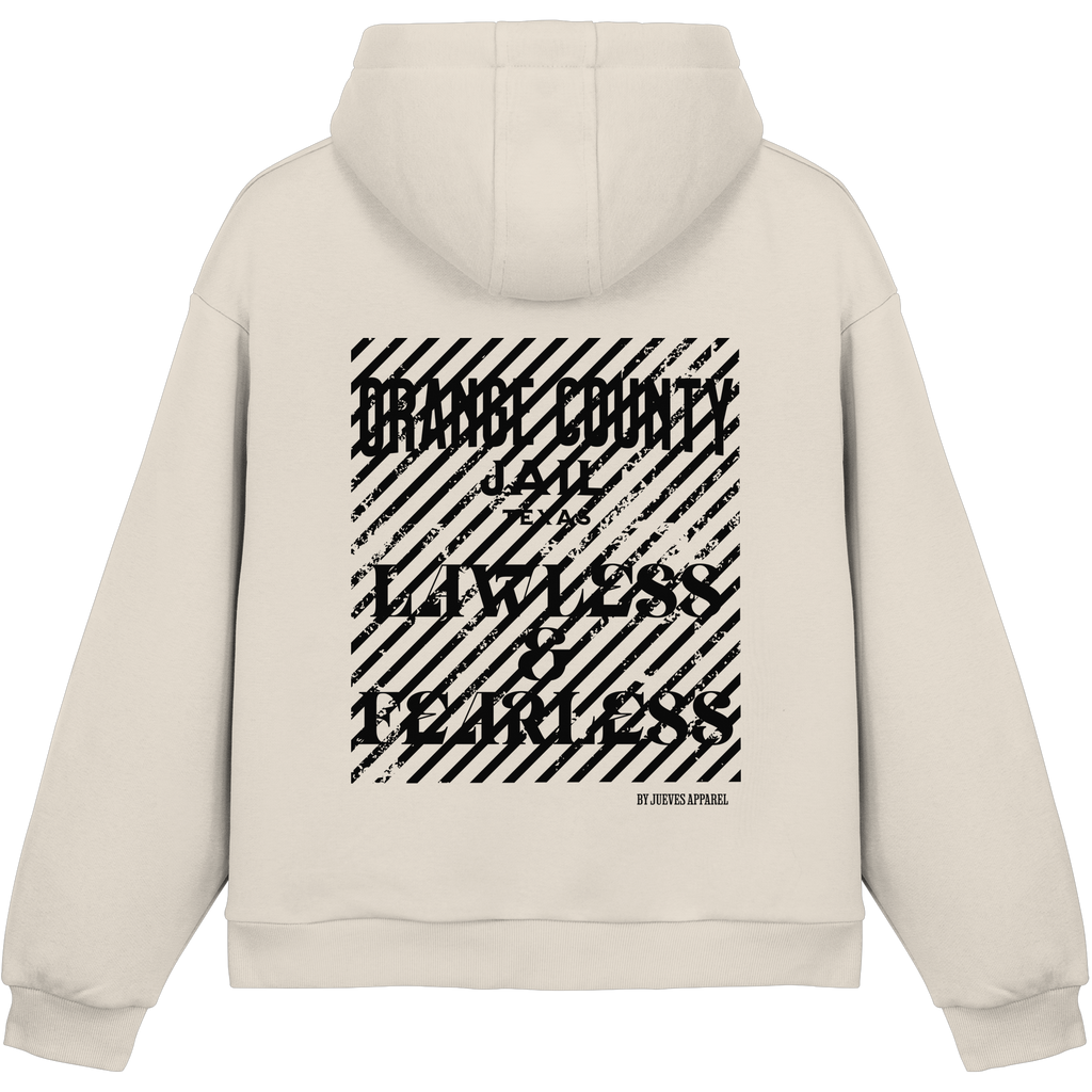 beiger Jueves Apparel Oversized Boxcut Hoodie mit markantem Rückendruck – urbaner Streetwear-Style aus Baumwolle