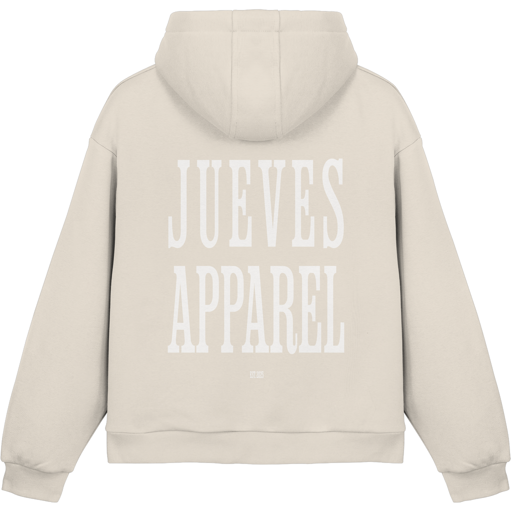 beiger Jueves Apparel Oversized Boxcut Hoodie mit markantem Rückendruck – urbaner Streetwear-Style aus Baumwolle