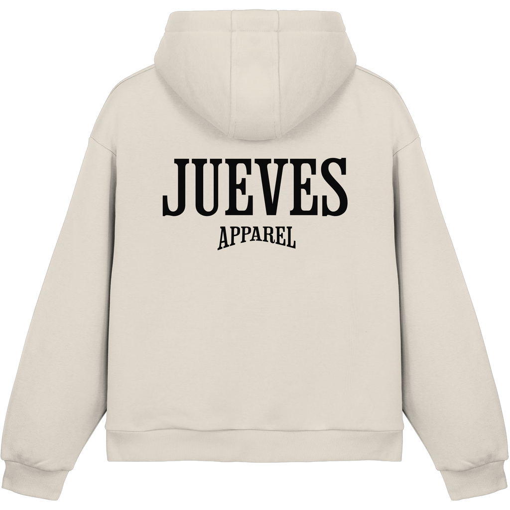 beiger Jueves Apparel Oversized Boxcut Hoodie mit markantem Rückendruck – urbaner Streetwear-Style aus Baumwolle