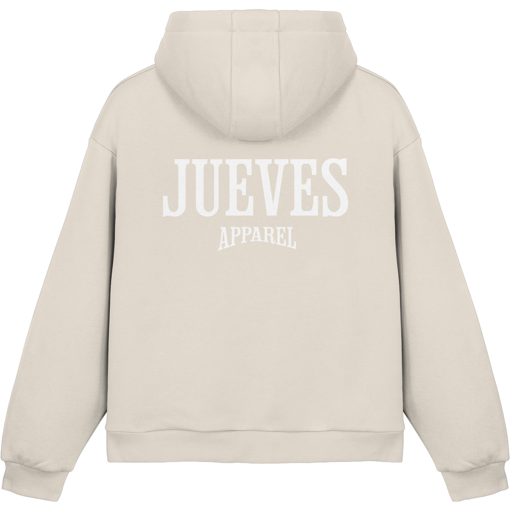 beiger Jueves Apparel Oversized Boxcut Hoodie mit markantem Rückendruck – urbaner Streetwear-Style aus Baumwolle