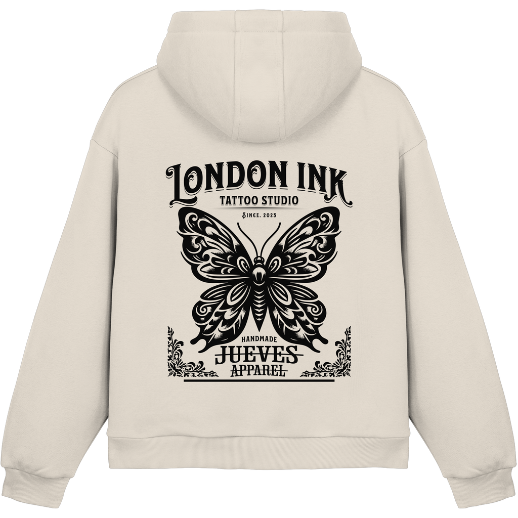 beige Jueves Apparel Oversized Boxcut Hoodie mit markantem Rückendruck – urbaner Streetwear-Style aus Baumwolle