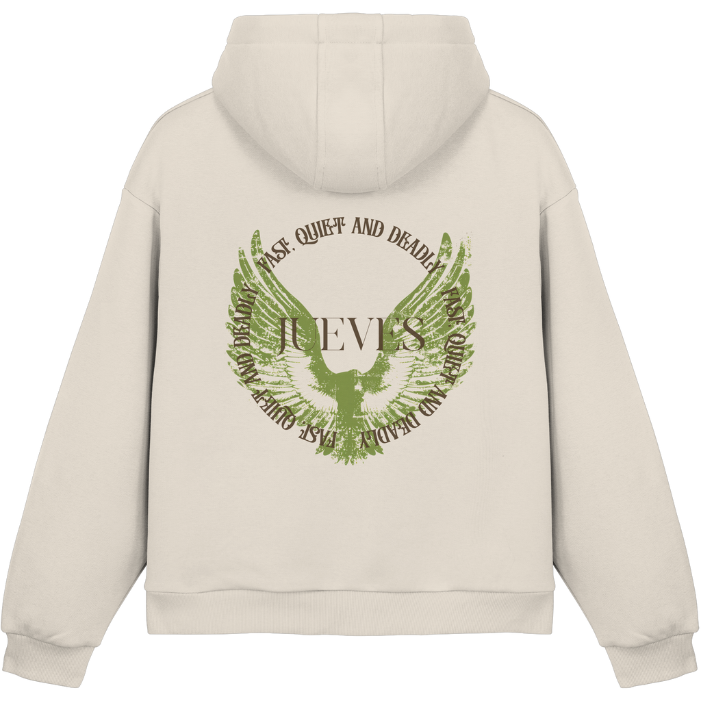 beiger Jueves Apparel Oversized Boxcut Hoodie mit markantem Rückendruck – urbaner Streetwear-Style aus Baumwolle