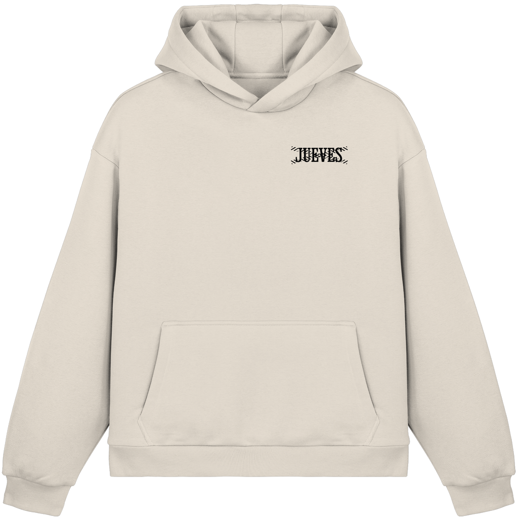 beiger Oversized Boxcut Hoodie von Jueves Apparel mit Brustdruck – nachhaltige Streetwear aus 70% Baumwolle
