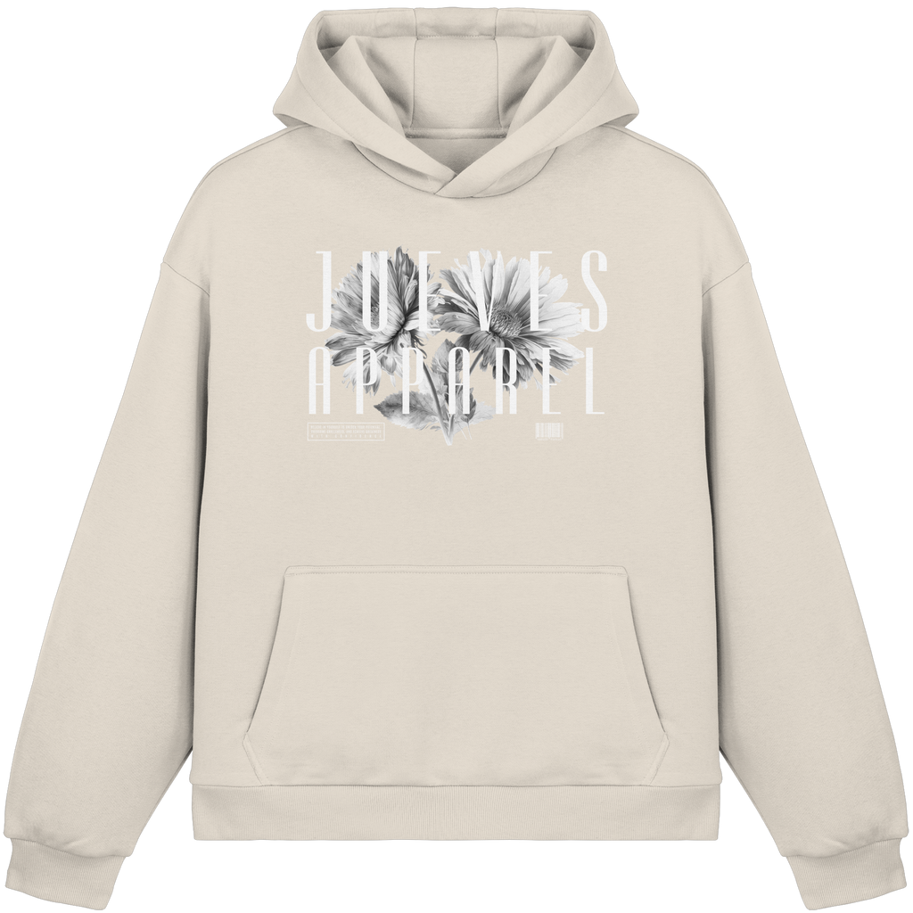beiger Oversized Boxcut Hoodie von Jueves Apparel mit Brustdruck – nachhaltige Streetwear aus 70% Baumwolle