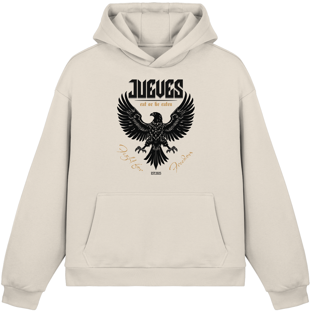 beiger Oversized Boxcut Hoodie von Jueves Apparel mit Brustdruck – nachhaltige Streetwear aus 70% Baumwolle