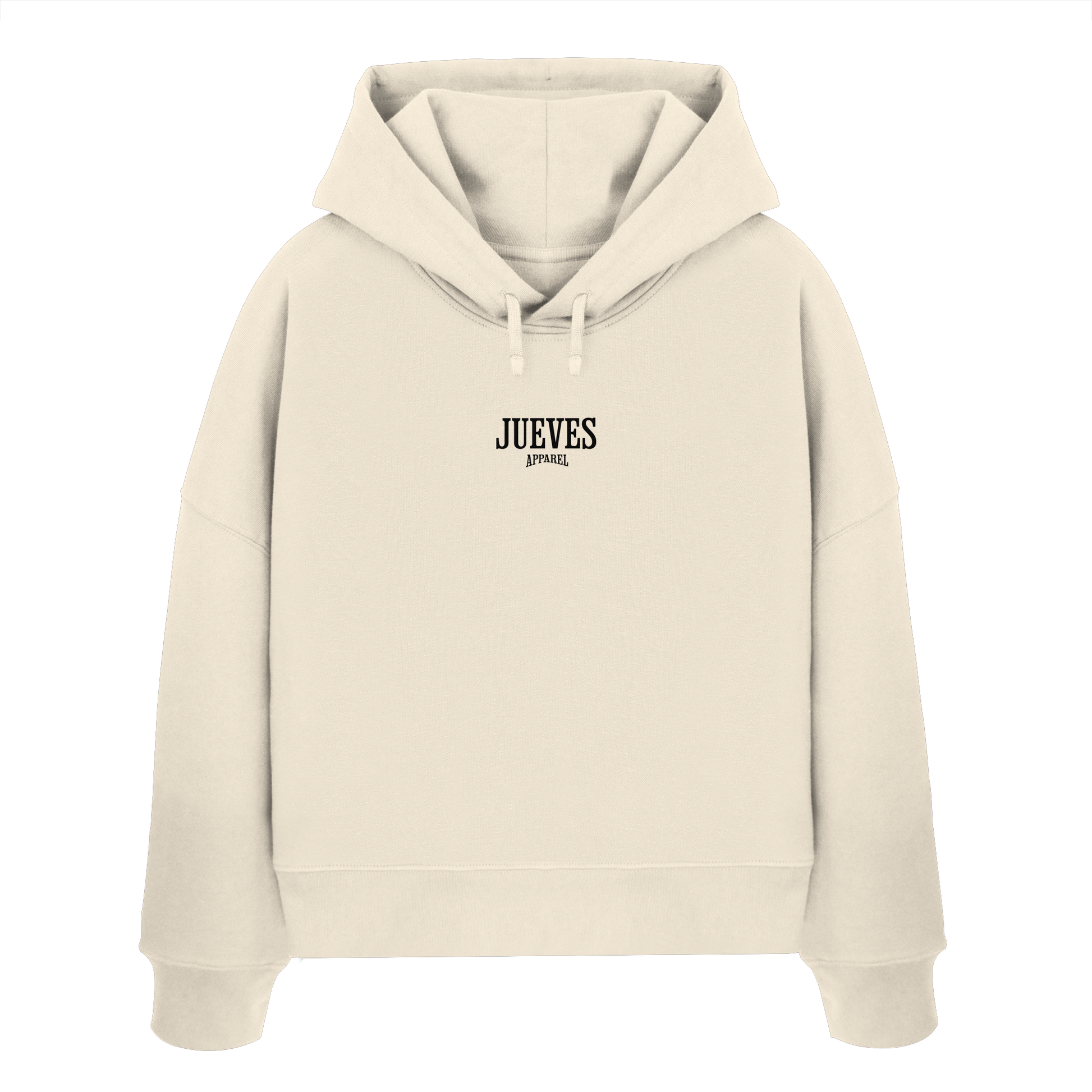 Frontansicht des beigen Damen oversized Boxcut Hoodies von Jueves Apparel mit oversized Schnitt, Druck auf der Brust– Streetwear aus 100 % Bio-Baumwolle, 300 g/m² Stoffgewicht.