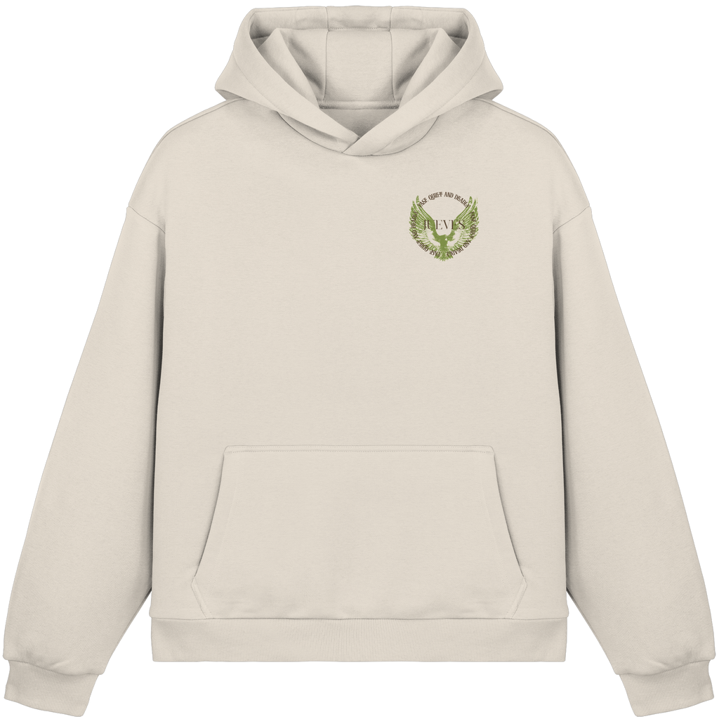 beiger Oversized Boxcut Hoodie von Jueves Apparel mit Brustdruck – nachhaltige Streetwear aus 70% Baumwolle